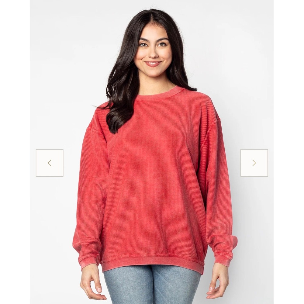 Chicka-d Women's Coral Pink Corduroy Crewneck Pullover Sweatshirt‎ Top